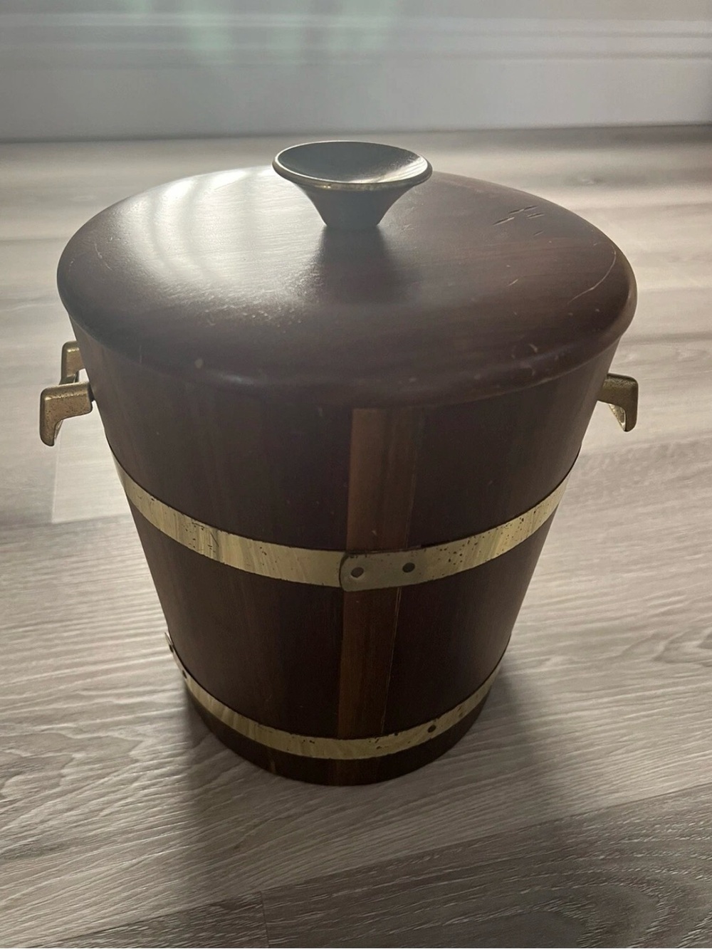 1960’s MCM Vermillion Walnut Ice Bucket with Plastic lining